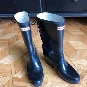 Hunter Wedge Heel Black Rain Boot Sz 8